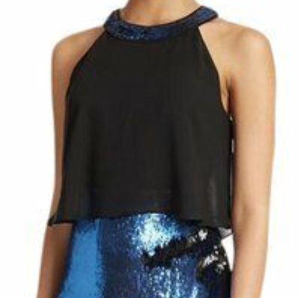 GUESS NWT Exquisite BLACK/COBALT BLUE Sequin Halter Cocktail Dress size 0 - Picture 4 of 6